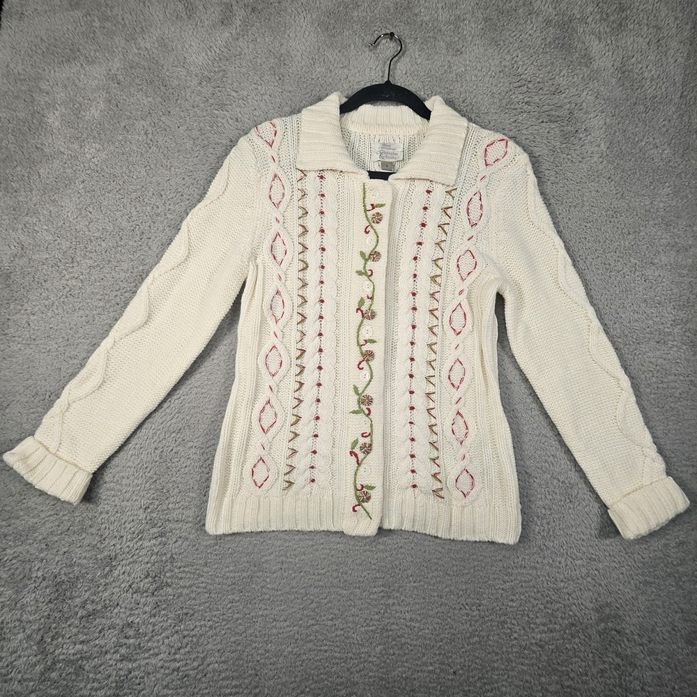 Vtg Christopher Banks Holiday Cardigan Womens‎ S Ivory Embroidered Cable Knit